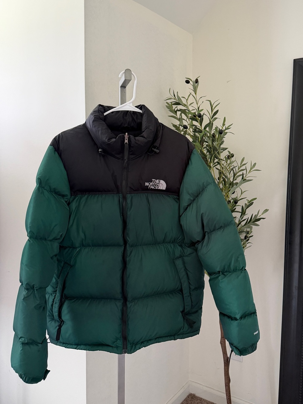 The North Face 700 puffer jacket in black/green color-blocked design, size XXL